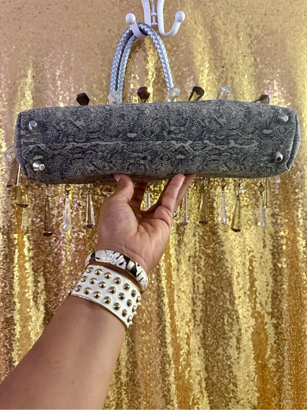 Gray Beaded Fringe Evening Clutch with Crystal Tassels